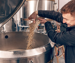 Craft Brewery Staff Adding Ingredient To The Mixing Tank