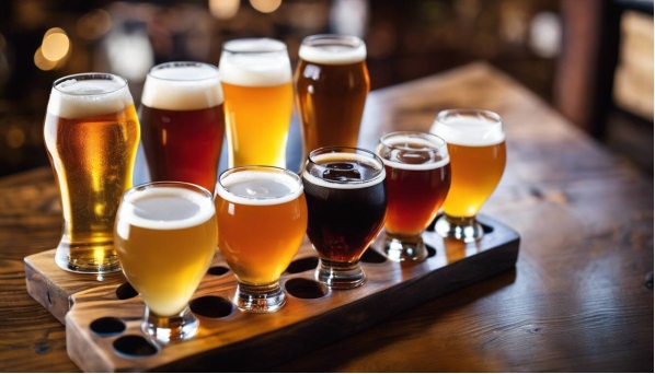Craft Brewery Various Sizes Of Glasses Filled With Different Types Of Alcoholic Drinks
