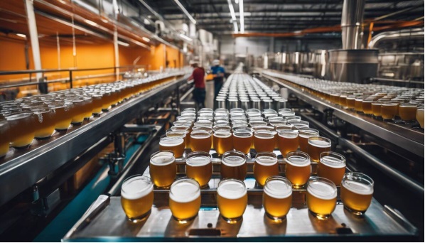 Craft Brewery Vast Amounts Of Glass Filled With Beer In A Production Line